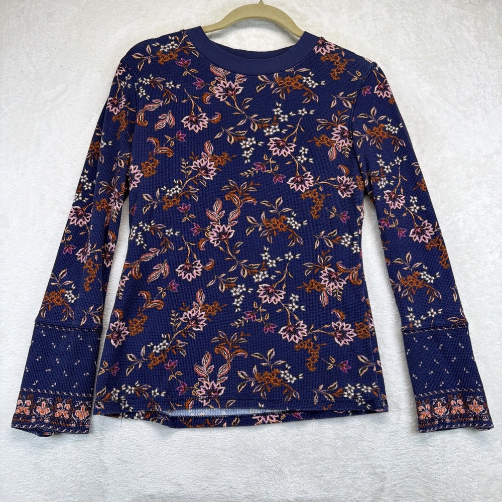 Sundance Womens Waffle Knit Floral Long Sleeve Top Blue Boho Medium